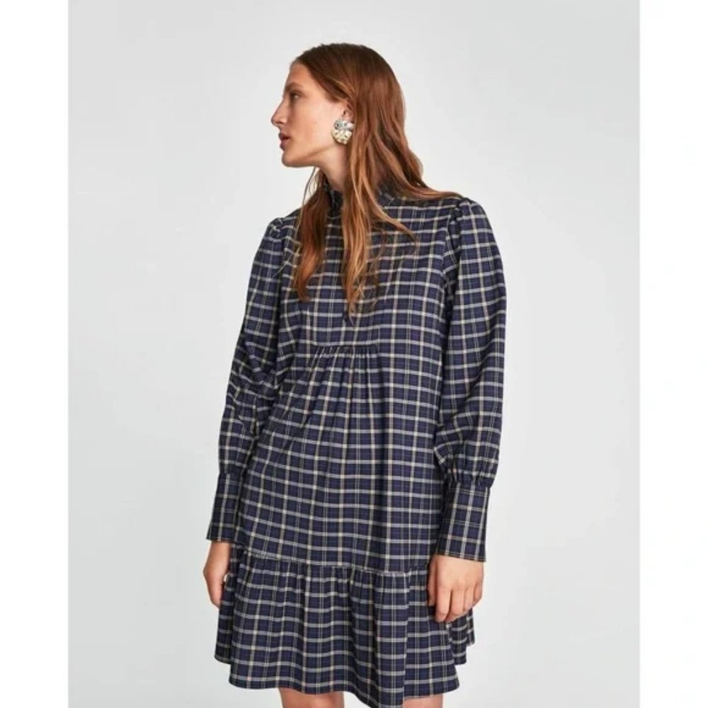Zara Woman Plaid Long Sleeve Tiered Dress XS